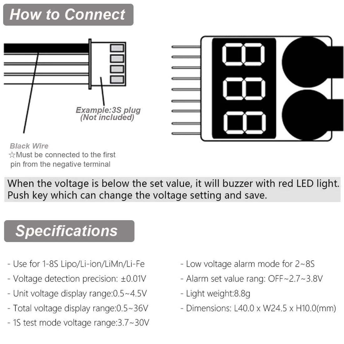 2-8S LiPo Battery Digital Voltage Checker and Alarm