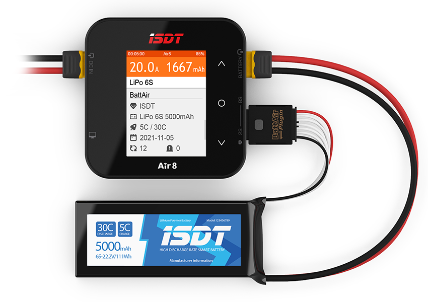 ISDT Air8 Smart Battery Charger/Discharger, 20A 500W DC 2-8S LCD Display Digital Balance Charger for Li-Po Li-Hv Li-Ion Li-Fe NiMH Ni-Cd Pb